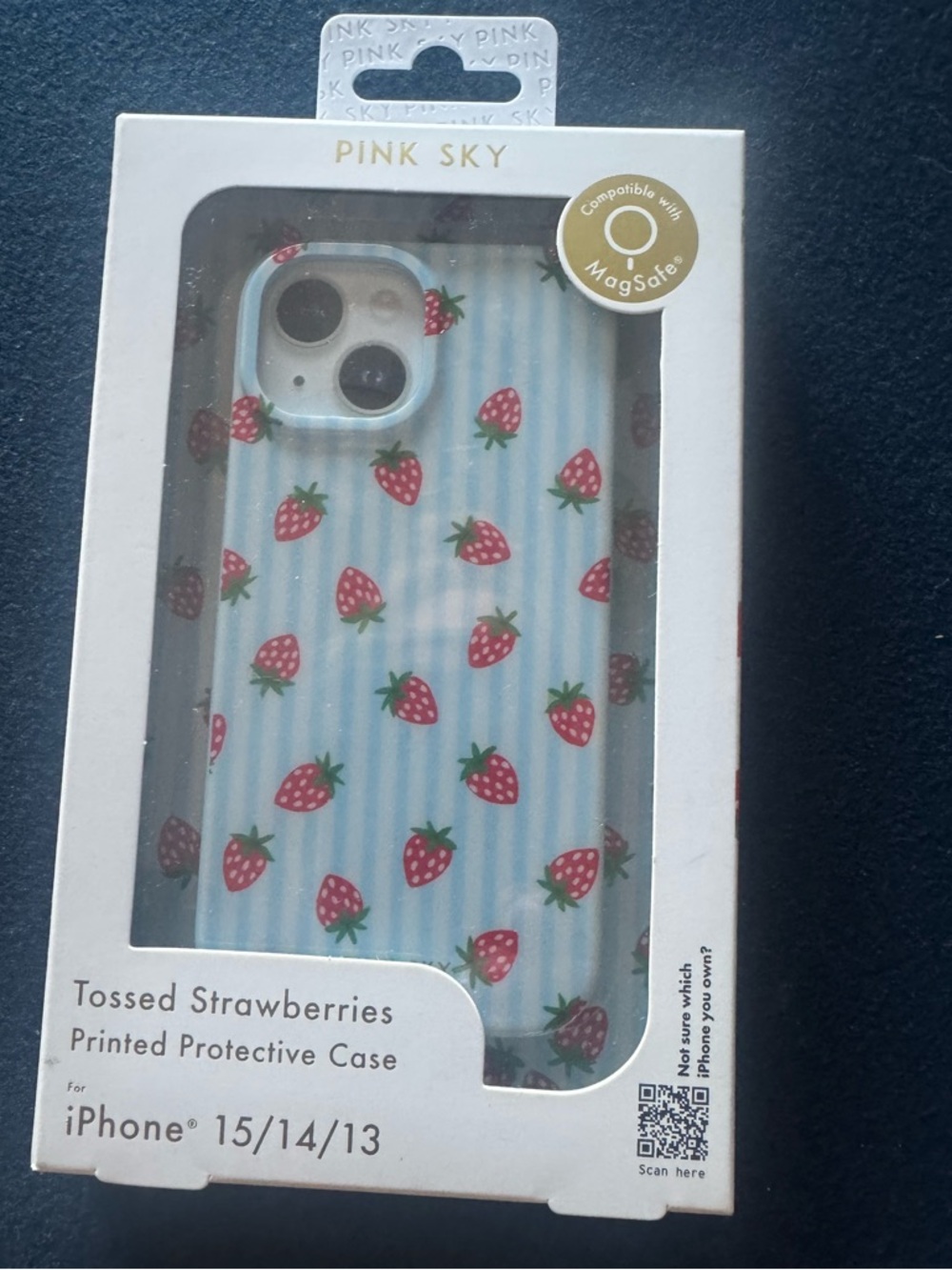 Pink sky “tossed strawberries “ protective iPhone 15/14/13 case🍓mag safe compat!